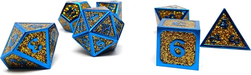 Miniatura 3 de Heroic Dice of Metallic Luster - Colección de 7 piezas de dados poliédricos de metal (dorado con fuente azul)