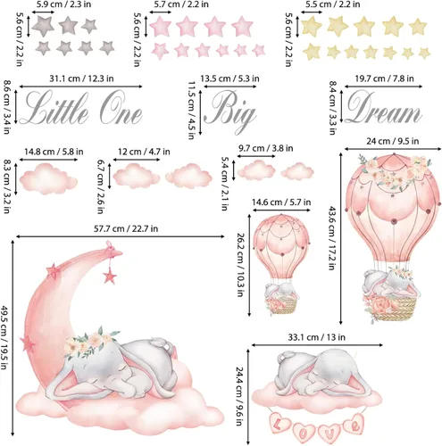 Miniatura 6 de DECOWALL Calcomanías de pared Dream Big Little One – Calcomanías de pared de luna y estrellas de elefante, despegar y pegar, extraíble, decoración