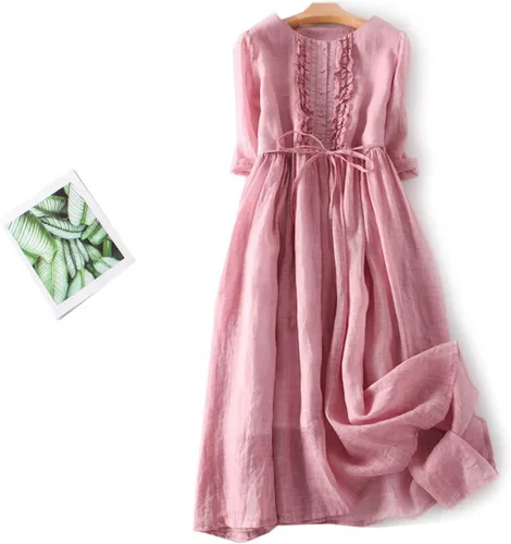 Miniatura 2 de Gamivast Vestidos de lino de manga 34 para mujer, casual, de verano, manga corta, cintura alta, vestido camisero de lino con botones