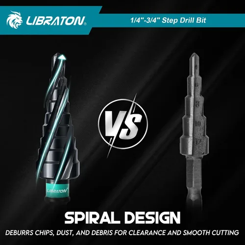 Miniatura 3 de LIBRATON Juego de brocas con paso de flauta en espiral, M35 cobalto Unibit 1/4"-3/4", brocas escalonadas revestidas AlTiN, cuatro flautas