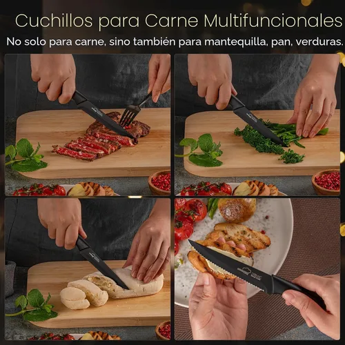 Miniatura 5 de Amorston Cuchillos para carne, juego de 8 cuchillos de carne de acero inoxidable, cuchillos dentados aptos para lavavajillas, color negro elegante