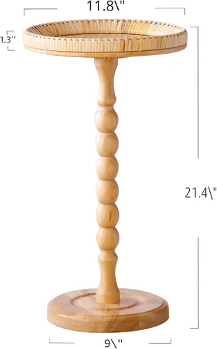 Miniatura 2 de Mesa auxiliar redonda de ratán pequeña para espacios pequeños, mesa auxiliar circular bohemia con patas de madera maciza para sala de estar, mesa