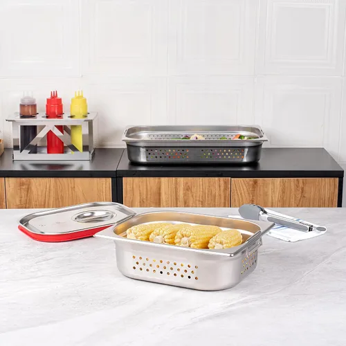 Miniatura 3 de Restaurantware Met Lux - Bandeja perforada para mesa de vapor, tamaño medio, 4 pulgadas de profundidad, asas plegables, antiatascos, acero