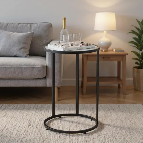 Miniatura 3 de Mesa auxiliar redonda en forma de C, mesa auxiliar deslizante debajo del sofá con parte superior de madera, mesa auxiliar de café para laptop, sala