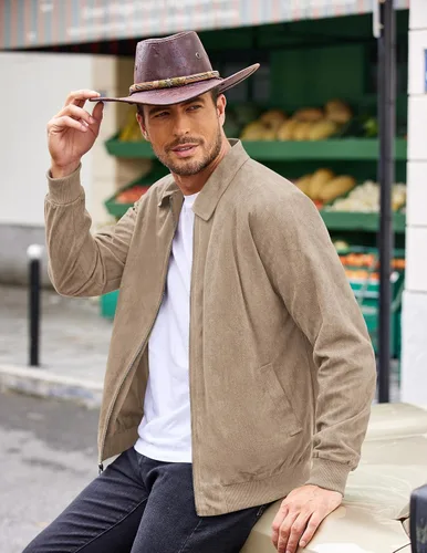 Miniatura 2 de COOFANDY Chaqueta bomber casual de ante para hombre, ligera, con cremallera completa, chaqueta de piel sintética vintage