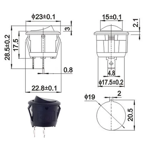 Miniatura 3 de 8 unids SPST Snap-in ON-Off 2 Pin Round Snap Rocker Boat Switch Negro AC 250V 6A 125V 10A para coche, barco, electrodomésticos