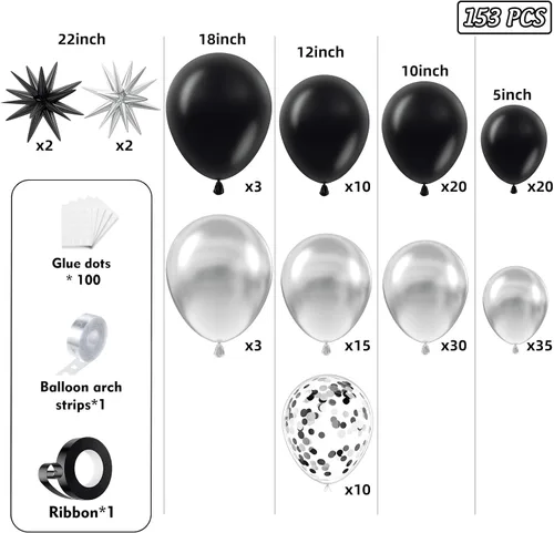 Miniatura 2 de Kit de arco de guirnalda de globos negros y plateados de 153 unidades con estrellas - 22 18 12 10 5 pulgadas de diferentes tamaños, globos de látex