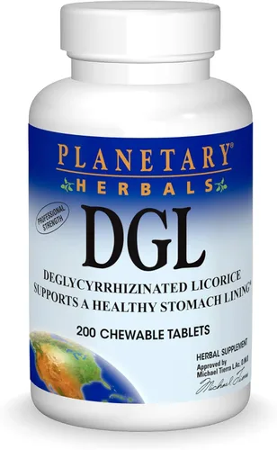 Planetary Herbals DGL Regaliz Deglicirrirrizinado, apoya un revestimiento estomacal saludable, 200 tabletas