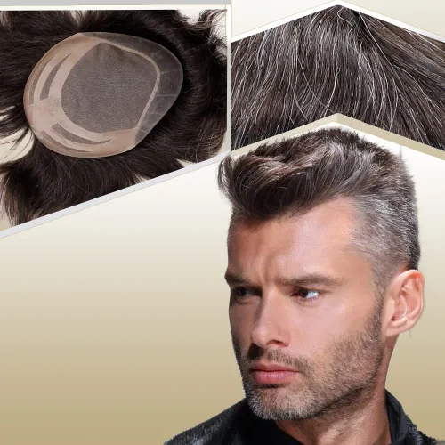 Miniatura 19 de Sistema de reemplazo de cabello humano para hombre, tupé para hombre, piel fina con parte superior de encaje mono y la parte trasera de poliuretano
