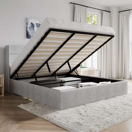 Miniatura 10 de SHA CERLIN - Cama de tamaño completo con almacenamiento elevado/Cabecero abatible moderno/Base de cama tapizada con plataforma/Almacenamiento Beige