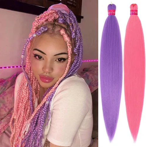 Miniatura 28 de Cabello trenzado negro preestirado, 2 paquetes de extensiones de cabello de trenzas de caja de 26 pulgadas, pelo sintético preestirado trenzado