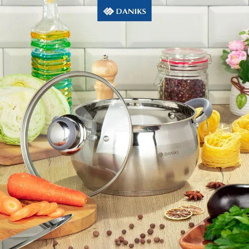 Miniatura 2 de Daniks - Olla moderna de acero inoxidable con tapa de vidrio, inducción, 2 cuartos, olla apta para lavavajillas, asas a prueba de calor, olla