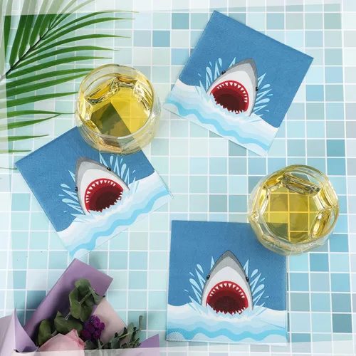Miniatura 7 de Gersoniel 100 servilletas de papel de tiburón desechables con diseño de tiburón y océano, servilletas de papel para cócteles, bebidas, temática