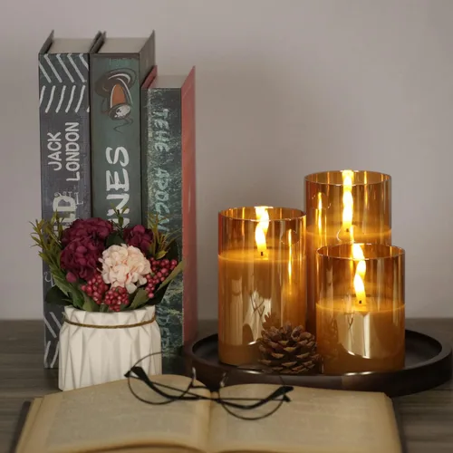 Miniatura 4 de Juego de 3 velas de cristal dorado sin llama con control remoto y temporizador, velas LED de cera real controladas con llama 3D parpadeante, D 3