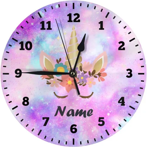 Miniatura 13 de Reloj de pared personalizado con diseño de unicornio y rosa con purpurina para habitación de los niños, reloj de pared personalizado con nombre