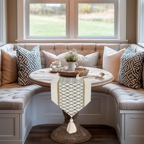 Miniatura 6 de yuboo Camino de mesa bohemio con extremo triangular, caminos de mesa pequeños de 36 pulgadas, cubierta de tocador de macramé para mesita de noche