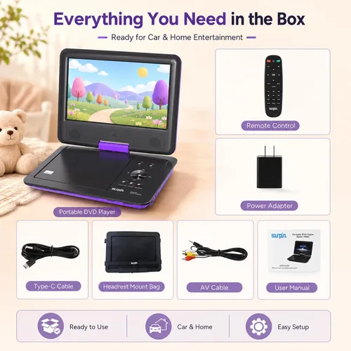 Miniatura 7 de SUNPIN Reproductor de DVD portátil de 11 pulgadas para automóvil y niños con pantalla giratoria HD de 9.5 pulgadas, batería recargable de 5 horas