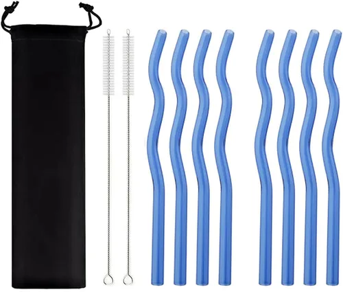 Miniatura 19 de JASHII Pajitas de vidrio onduladas incoloras, 8 pajitas de vidrio reutilizables de 7.87 x 0.31 pulgadas con bolsa negra, multicolor para beber