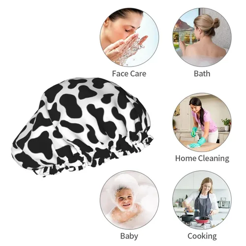 Miniatura 9 de Gorro de ducha de granja de animales abstractos de piel de vaca en blanco y negro para mujer, doble capa impermeable ajustable, gorra de baño
