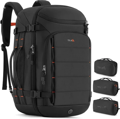 Tolaccea Mochila de Viaje Carry On 40L, Mochila para Laptop con 3 Cubos de Embalaje, Bolsa de Lona Aprobada para Vuelos para Hombres y Mujeres, Negro