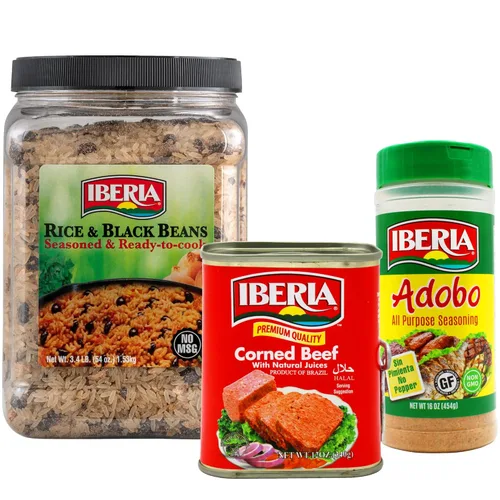 Iberia Tarro de arroz y frijoles negros de 3.4 libras + carne de maíz ibérico de 12 onzas + Adobo Iberia sin pimienta, 16 onzas