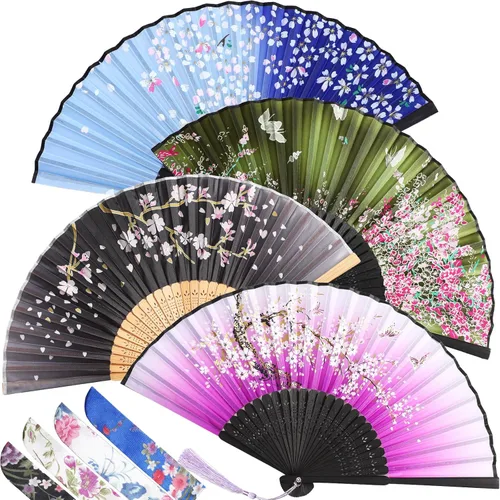 Miniatura 10 de Zonon Paquete de 4 abanicos plegables florales de mano, abanicos de bambú de seda con borla para mujer, ventilador plegable de mano ahuecado
