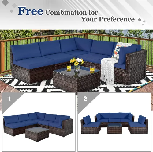 Miniatura 9 de Tangkula Juego de muebles de patio de 6 piezas, juego de conversación de mimbre para exteriores con mesa de café de cristal, juego de sofá de mimbre