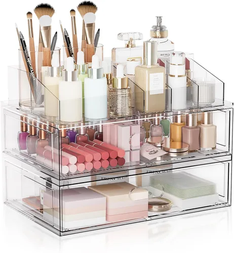 Miniatura 9 de Paquete de 2 cajones transparentes de almacenamiento de maquillaje, organizadores de baño apilables de 12 pulgadas de ancho y cajón