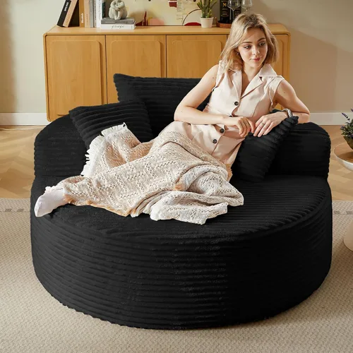 Miniatura 10 de Silla redonda de gran tamaño de 55 pulgadas, tumbona para interiores, silla circular grande sin hueso con pana de felpa, no requiere montaje, sofá