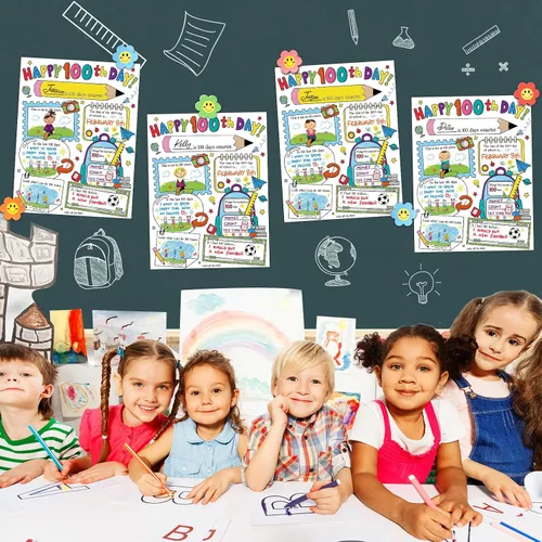 Miniatura 7 de Hedeey Póster para colorear con texto en inglés «Happy 100th Day of School» para niños, estudiantes, suministros para el aula