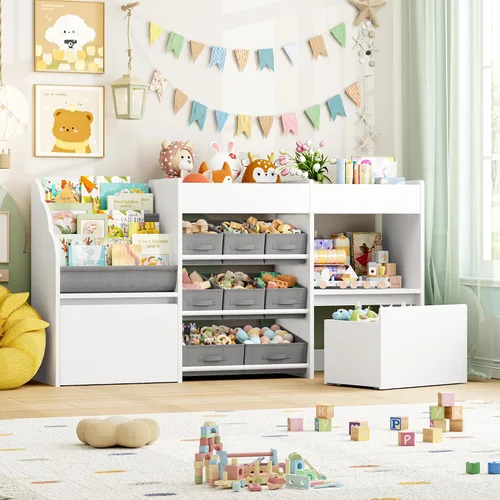 BOTLOG Organizador de almacenamiento de juguetes de 62.2 pulgadas y estantería para niños, organizador de juguetes con 2 cajones móviles y 9 cajas