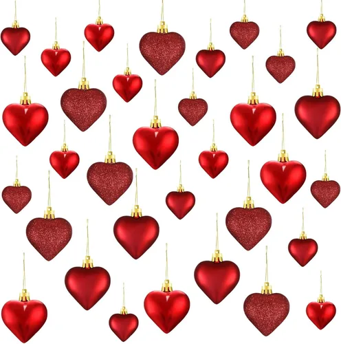 Miniatura 11 de Skylety 30 adornos de corazón para el día de San Valentín, decoraciones en forma de corazón, bolas colgantes para árbol para San Valentín, Morado