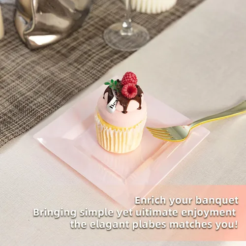 Miniatura 3 de Paquete de 100 platos cuadrados de plástico de postre rosa, platos desechables de 6.5 pulgadas, platos resistentes para fiestas, bodas, Navidad