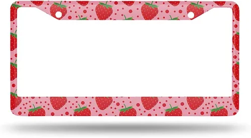 Miniatura 2 de Lindo patrón de fresa fruta rosa soporte para placa de matrícula lunares marco rojo placa accesorios de coche 2 agujeros novedad auto etiqueta