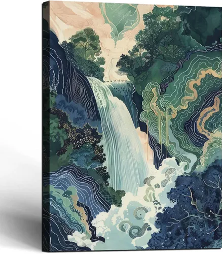 Miniatura 10 de 3 piezas de lienzo japonés enmarcado para pared, pintura de paisaje de cascada grande, póster impreso en lienzo envolvente, obra de arte