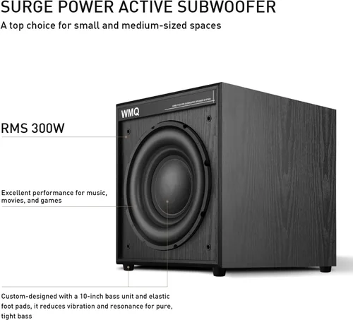Miniatura 2 de Subwoofer doméstico alimentado de 10 pulgadas, 300 W RMS, graves de alta fidelidad, carcasa MDF con disipador de calor