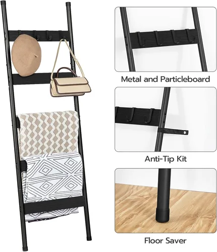 Miniatura 5 de HOOBRO Escalera para mantas, estante de toallas de 5 niveles con ganchos, estante de mantas inclinado en la pared, estante decorativo