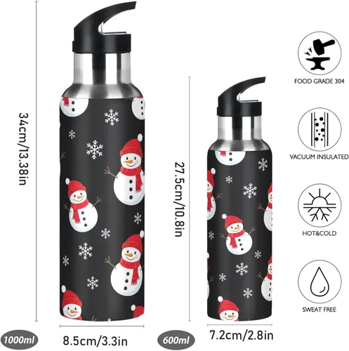Miniatura 2 de Cute Snowmen Black Stainless Steel Vacuum Insulated Water Bottle 20 Oz Leakproof Water Bottles, BPA-Free Sports Water Bottle with Straw