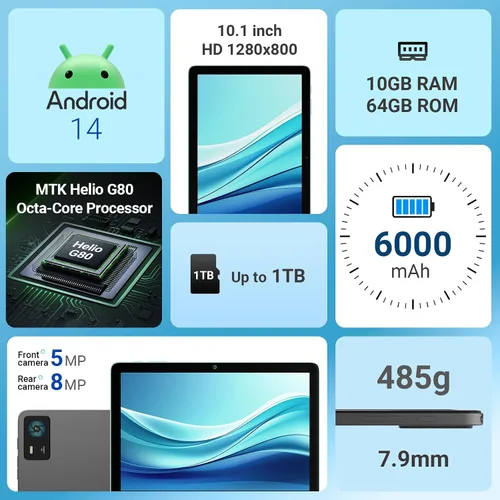 Miniatura 2 de DigiLand Tablet 2025, tableta Android de 10.1 pulgadas con procesador Octa-core 10 GB de RAM 64 GB ROM HD IPS pantalla táctil, 6000 mAh, BT 5.0