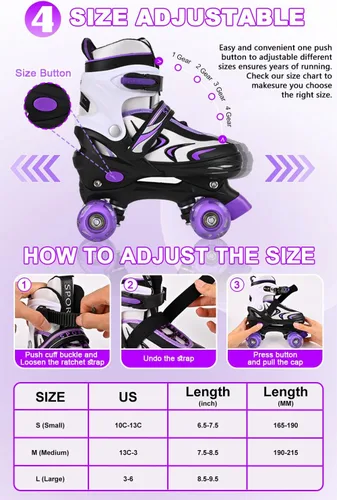 Miniatura 2 de Patines ajustables para niños pequeños y adultos, ruedas iluminadas, 4 tamaños Negro&Púrpura