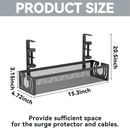 Miniatura 5 de Organizador de cables, bandeja de organización de cables debajo del escritorio de 15 pulgadas, sin taladro, organizador de cables de metal con Negro