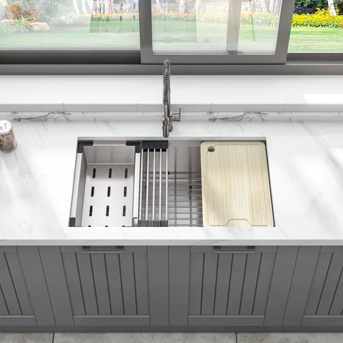 Sinber KSS0001S-OK Fregadero de Cocina de Estación de Trabajo de Montaje Bajo Superficie de Un Solo Tazón de 32" x 19" x 10" con Acero Inoxidable
