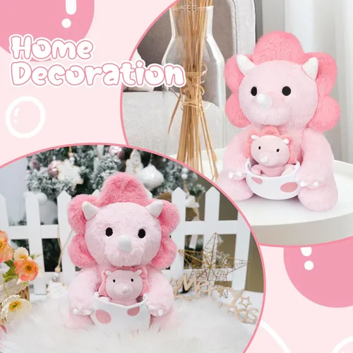 Miniatura 4 de Peluche de dinosaurio rosa, huevo de Pascua de 11.8 pulgadas, peluche de dinosaurio rosa con dinosaurio bebé para niños, peluche Kawaii Triceratops
