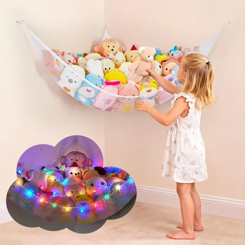Basumee Hamaca de animales de peluche con luz LED, organizador de red de juguetes de peluche, organizador de esquina para almacenamiento de animales