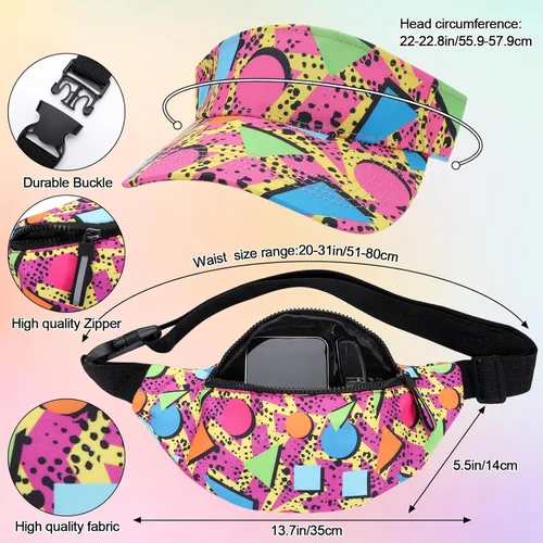 Miniatura 2 de Riñonera de los años 80 y 90, 2 unidades, visera solar, bolsa para la cintura, traje retro de los años 80 y 90, accesorios de moda para hombres