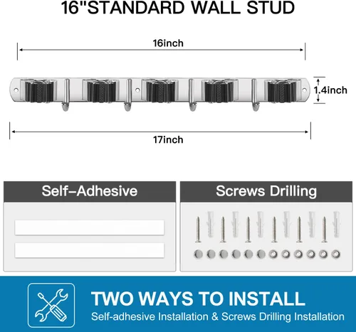 Miniatura 6 de IMILLET Paquete de 2 Soportes para Escobas y Fregonas con Montaje en Pared, Soporte para Escoba y Fregona de Acero Inoxidable, Autoadhesivo, Ganchos