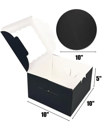 Miniatura 5 de qiqee 10x10x5 Caja para pasteles, 18 juegos de cajas para pasteles negras con ventana y 18 juegos de bases redondas negras de 10 pulgadas