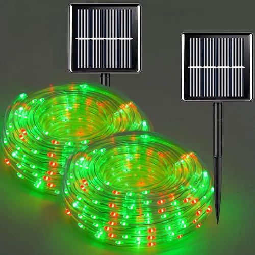 Miniatura 15 de QITONG Paquete de 2 luces solares verdes, cada cadena de 100 luces LED de 33 pies para exteriores, 8 modos de luces de hadas en tubo de PVC