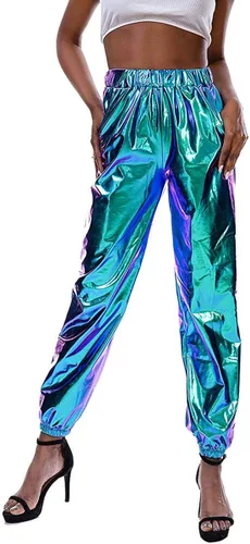 Kaipiclos Pantalones deportivos reflectantes para mujer, metálicos, brillantes, estilo hip hop, harem, leggings holográficos (azul, 2XL), Azul