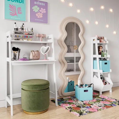 Miniatura 7 de RiverRidge Escritorio para niños con estante de escalera, mesa de escritura blanca para tareas, artes y manualidades, mesa espaciosa con estante